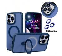 1 pièce Support pivotant magnétique bleu marine avec film métallique pour lentille, étui 2-en-1 en silicone TPU mat avec anneau métallique magnétique rotatif caché, étui de téléphone ultra-fin anticho