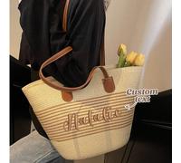 1 pièce (sur mesure) Sac à main tressé de style campagne française personnalisé avec broderie, grand sac fourre-tout à rayures pour femmes pour l'été, panier de plage, convient pour les vacances, mult