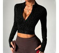 1 pièce sweat-shirt de travail sans couture pour femmes avec imprimé léopard, taille élastique à cordon de serrage et trou pour le pouce. Col montant sexy pour la course, le fitness, le yoga L,M,SMoti