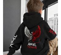 1 pièce sweat-shirt style sombre pour garçon préadolescent avec imprimé double aile ange & démon, Top pullover noir coupe ample pour enfants et grands enfants, printemps/automne 6Y,7Y,8Y,9Y,10Y,14Y,11