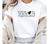 1 pièce T-shirt 100% coton pour femmes, style européen et américain, col rond. T-shirt pour femmes avec citation "C'est bien d'être différent" avec un mouton noir. Design amusant et inspirant. Cadeau 