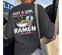 1 pièce T-shirt à col ras-du-cou à manches longues imprimé RAMEN décontracté pour filles, vêtement étudiant automnal jeune - T-shirt imprimé d'un cheval galopant attrayant qui fera certainement sourir
