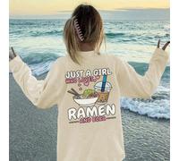 1 pièce T-shirt à col ras-du-cou à manches longues imprimé RAMEN décontracté pour filles, vêtement étudiant automnal jeune - T-shirt imprimé d'un cheval galopant attrayant qui fera certainement sourir