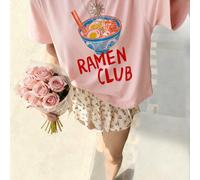 1 pièce T-shirt à col rond à manches courtes avec imprimé de nouilles aux œufs pour filles, vêtements d'été pour étudiants et jeunes - Le T-shirt avec l'impression de ramen apporte de la joie et du bo