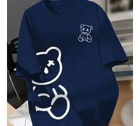 1 pièce T-shirt à col rond imprimé ours de bande dessinée pour garçons adolescents, t-shirt d'été décontracté, tissu doux, coupe ample, motif double ours cool (X-Eye), convient pour le port quotidien