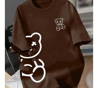 1 pièce T-shirt à col rond imprimé ours de bande dessinée pour garçons, t-shirt décontracté d'été, tissu doux, coupe ample, design double ours (X-Eye) élégant, convient pour le port quotidien de print