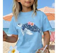 1 pièce T-shirt à manches courtes avec imprimé tortue de mer pour jeunes filles, hauts décontractés d'été pour jeunes étudiantes, convient pour le layering ou le port seul dans un style vacances 6Y,7Y