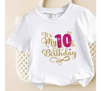 1 pièce T-shirt à manches courtes blanc avec impression de couronne 3D pailletée "C'est mon 10e anniversaire", style décontracté et mode pour l'été/automne. Confortable et élégant, thème du 10e annive