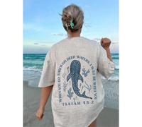 1 pièce T-shirt à manches courtes col rond mode été pour femmes, avec imprimé de vie océanique : baleine, corail, algues et verset biblique chrétien "Quand tu traverseras les eaux, je serai avec toi"