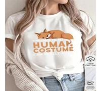 1 pièce T-shirt à manches courtes décontracté pour femmes avec impression graphique "C'est mon costume humain, je suis vraiment un renard", 100% coton, t-shirt animal amusant pour un usage quotidien L
