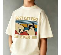 1 pièce T-shirt à manches courtes imprimé décontracté "Meilleurs frères chats" pour garçons préadolescents, Top d'été pour jeunes étudiants 6Y,7Y,8Y,9Y,10Y,14Y,11Y,12Y,13YCartoon,Lettres,RayéPolyester