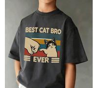 1 pièce T-shirt à manches courtes imprimé décontracté "Meilleurs frères chats" pour garçons préadolescents, Top d'été pour jeunes étudiants 6Y,7Y,8Y,9Y,10Y,14Y,11Y,12Y,13YCartoon,Lettres,RayéPolyester