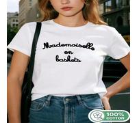 1 pièce T-shirt à manches courtes pour femmes en 100% coton avec l'impression "Mademoiselle En Baskets", style décontracté élégant et confortable pour le port quotidien L,M,S,XLGéométrique,Cœur,Lettre
