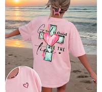 1 pièce T-shirt à manches courtes pour filles avec slogan religieux "Dieu est bon", t-shirt décontracté ample avec imprimé croix et cœur de style américain, respirant, à porter au quotidien avec impre