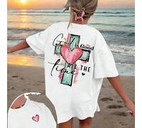 1 pièce T-shirt à manches courtes pour filles avec slogan religieux "Dieu est bon", t-shirt décontracté ample au style américain avec imprimé croix et cœur graffiti, respirant, à porter au quotidien a