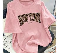1 pièce T-shirt à manches courtes pour filles préadolescentes, nouveau style d'été unisexe rétro américain NEW YORK imprimé léopard avec lettre graphique, top ample et décontracté de style street, mod