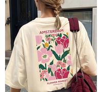 1 pièce T-shirt à manches courtes style décontracté français pour filles, T-shirt à manches courtes avec imprimé tulipe vintage, Top thème floral artistique d'Amsterdam pour enfants 6Y,7Y,8Y,9Y,10Y,14