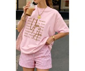1 pièce T-shirt ample d'été pour femmes, col rond, manches courtes, imprimé graphique "Dialogue avec soi-même" et "Affirmation de soi", convient pour les vacances, le bureau, la sortie, le quotidien, 