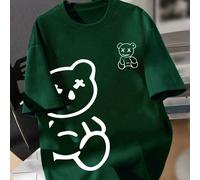 1 pièce T-shirt col ras-du-cou graphique pour garçon préadolescent, design cool double ours (œil X), coupe oversize, tissu doux et confortable - parfait pour le port quotidien au printemps/été, 6Y,7Y,