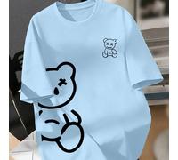 1 pièce T-shirt col rond à imprimé ours de bande dessinée pour garçons, T-shirt décontracté d'été pour garçons, Top doux, avec un design cool d'ours double (X-Eye), coupe ample, tissu doux et conforta