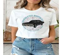 1 pièce T-shirt col rond pour femme, impression de voiture classique et de boussole des FRÈRES WINCHESTER, citation "Sauver des gens, chasser des choses", graphique rétro vintage, mode urbaine de rue,