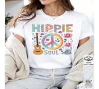 1 pièce T-shirt en 100% coton pour femmes avec imprimé "Hippie Soul" - Symbole de paix coloré et fleurs pour un esprit libre L,M,S,XLGéométrique,Cœur,PlantesTissu tricoté