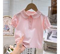 1 pièce T-shirt polo rose pour filles, col Peter Pan et manches, Top d'été pour filles, sous-chemise pour uniforme scolaire 6Y,7Y,8Y,9Y,4Y,5Y,2-3YUnicoloreÉtoffe