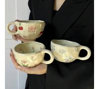 1 pièce Tasse à café en céramique à forme irrégulière mignonne pincée à la main, 1 pièce Petite cuillère fleur bleue, 1 pièce Cuillère fleur rose, 1 pièce Cuillère fleur rouge, Tasse en céramique créa