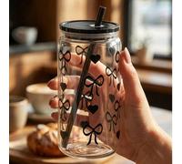 1 pièce Tasse en plastique 16oz rose/noir/bleu avec nœud, couvercle et paille, parfaite pour le café glacé, les boissons portables et les jus, les smoothies, cadeau idéal pour les femmes et les sœurs,