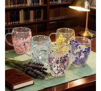 1 pièce Tasse en verre à double paroi de 350 ml avec de vraies fleurs séchées & anse, tasse à café style INS avec sable mouvant pour latte, americano glacé, matcha, lait, jus & smoothies, cadeau parfa