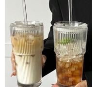 1 pièce Tasse en verre transparent avec couvercle à motif rayé et paille, tasse de style portable et simple pour l'eau, le thé ou le café, avec un style Ins ; elle a une forme ronde, avec une capacité