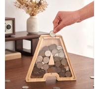 1 pièce Tirelire en bois avec lettre anglaise, bocal d'épargne en bois transparent, boîte à monnaie décorative en bois avec 26 lettres anglaises, cadeau de fête exquis et pour Thanksgiving, anniversai