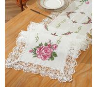 1 pièce Tissu de lin polyester exquis avec broderie au point de croix, bord en dentelle ajourée soluble dans l'eau. Chemin de table, set de table, nappe pour la cuisine, la salle à manger, la décorati