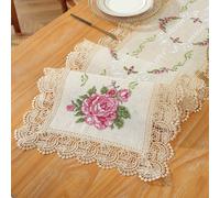 1 pièce Tissu de lin polyester exquis avec broderie au point de croix, chemin de table avec dentelle hydrosoluble, tapis de table à manger, décoration de maison, rassemblement familial, décoration de 