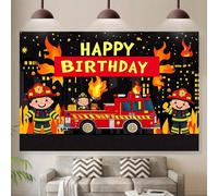 1 pièce Toile de fond d'anniversaire de camion de pompiers rouge vif 2D - Polyester durable, design "Happy Birthday" avec pompier de dessin animé et flammes, idéal pour la célébration et la décoration