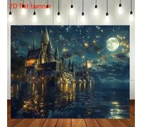 1 pièce Toile de fond plate 2D pour photographie, Château magique - Conception du monde des sorciers animée avec ciel nocturne, lune et éclairs. Matériau polyester polyvalent pour la décoration de fêt