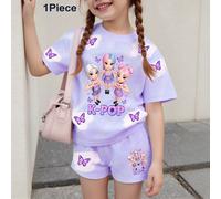1 pièce Top à manches courtes imprimé en 3D pour jeune fille, avec une image de groupe de filles mignonne, un logo et une décoration de bulles de papillon, dans un style doux et tendre correspondant à