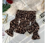 1 pièce Top femme avec épaules dénudées, manches ballons, taille froissée, imprimé léopard. Chemise femme pour l'automne. L,M,S,XLImprimé léopard,Tout Imprimé,Motif texturéPolyester