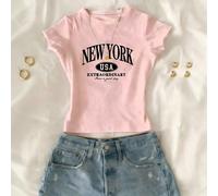 1 pièce Top imprimé de lettre graphique ajusté pour adolescente, design graphique minimaliste convenant pour le port décontracté en été, automne, rentrée scolaire. Mignon, New York, rose 14Y,13Y,16Y,1