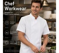 1 pièce Uniforme de chef à manches courtes blanc - Tissu en polyester, lavable en machine, col Mao de couleur unie, convient aux chefs de cuisine, boulangerie, restaurant, cafétéria scolaire L,M,S,XL,