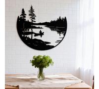 1 pièce Œuvre murale en métal de style bohème de 16 pouces, design de silhouette de lac et de montagne, forme ronde, décoration murale pour la maison et le jardin, art de suspension en fer rustique po