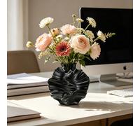 1 pièce Vase noir style Wabi-Sabi avec feuille de lotus et vague, pot de fleurs sculpture abstraite à texture mate, décoration d'intérieur style minimaliste nordique Ins, convient pour le bureau de la
