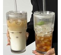 1 pièce Verre à rayures verticales avec couvercle et paille, verre à boire transparent réutilisable minimaliste, tasse à eau multifonction pour café glacé, latte, thé, lait, whisky, récipient à boisso