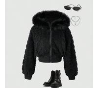 1 pièce Veste à capuche pour filles, veste à capuche zippée à manches longues en polaire double face avec motif jacquard en forme de cœur noir et bordure en fourrure, vêtement court et crop, convient 
