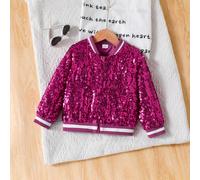 1 pièce Veste à zip rose longue avec manches, doublée de tricot, col et ourlet côtelés à rayures, ornée de paillettes. Mode polyvalente, peut être portée seule avec une jupe ou en couche sur un t-shir