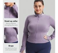 1 pièce Veste de sport ajustée grande taille, col montant lavande à fermeture éclair complète, poignets avec trou pour le pouce, mettant en valeur les courbes, tissu doux à 4 sens du stretch et évacua