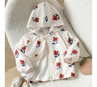 1 pièce Veste zippée pour bébé fille, motif floral blanc rouge vert mignon doux élégant, manches longues, à capuche, légère, pour l'extérieur en automne, style princesse, confortable, vêtement d'extér
