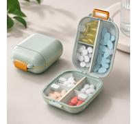 1 pilulier vert 7 jours, étui de rangement portable double face | Sept sections à couvercle transparent, fermeture orange et boucle de transport supérieure, mesurant 9,9 x 7,9 x 3,5 cm dans