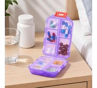 1 pilulier violet 7 jours, étui de rangement compact pour vitamines | Coque translucide, dix sections avec couvercle transparent et boucle de transport rouge, mesurant 9,4 x 6,3 x 3,1 cm dans une