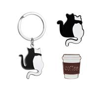 1 Porte-Clés Chat Noir Et Blanc Et 2 Broches De, Tasse À Café Et Thème Chat, Pendentif De Style Minimaliste, Décoration De Sac De Guérison.